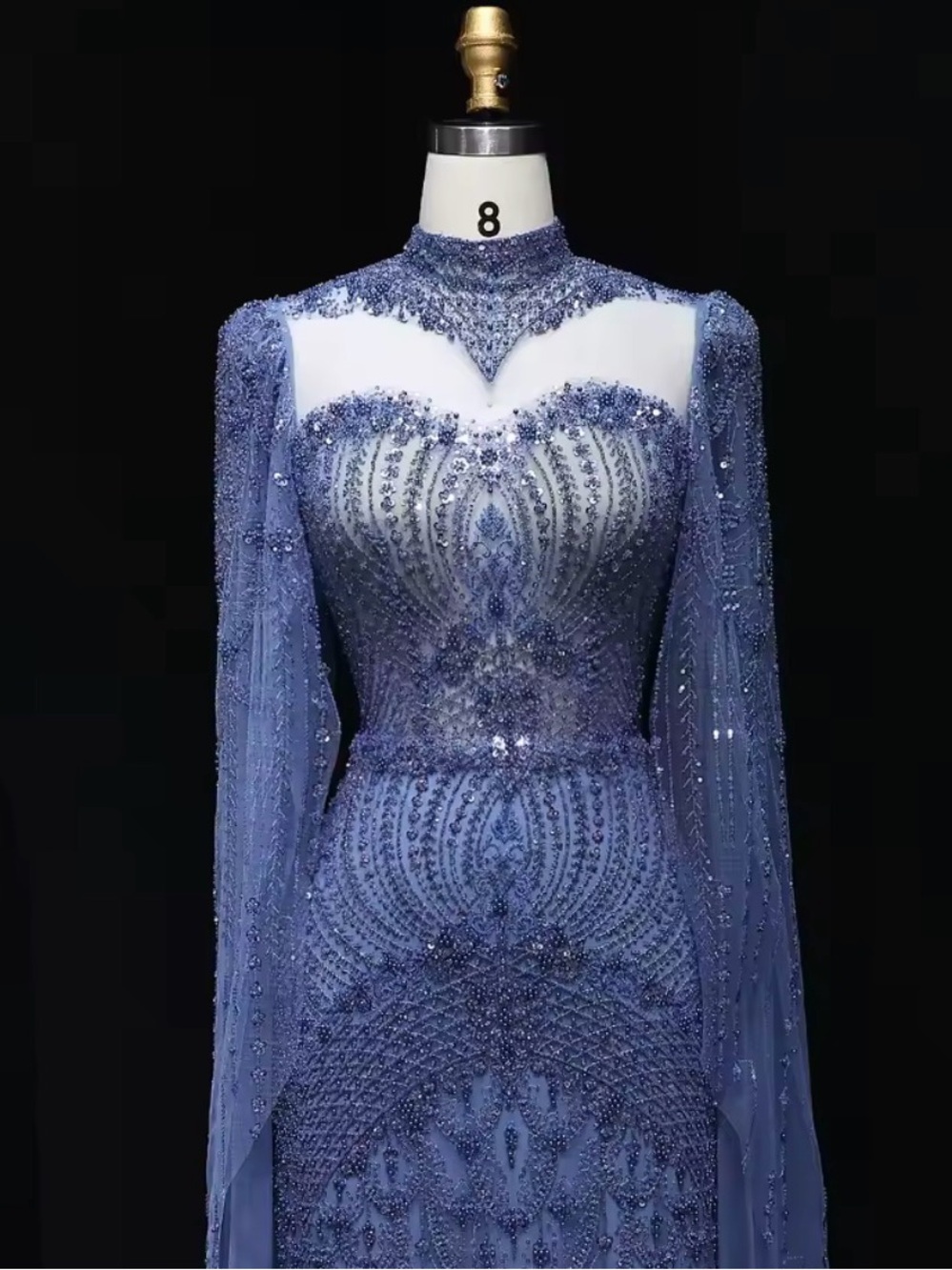 Elegant Beaded Long-Sleeve Evening Gown - Blue - Picture 3 of 5
